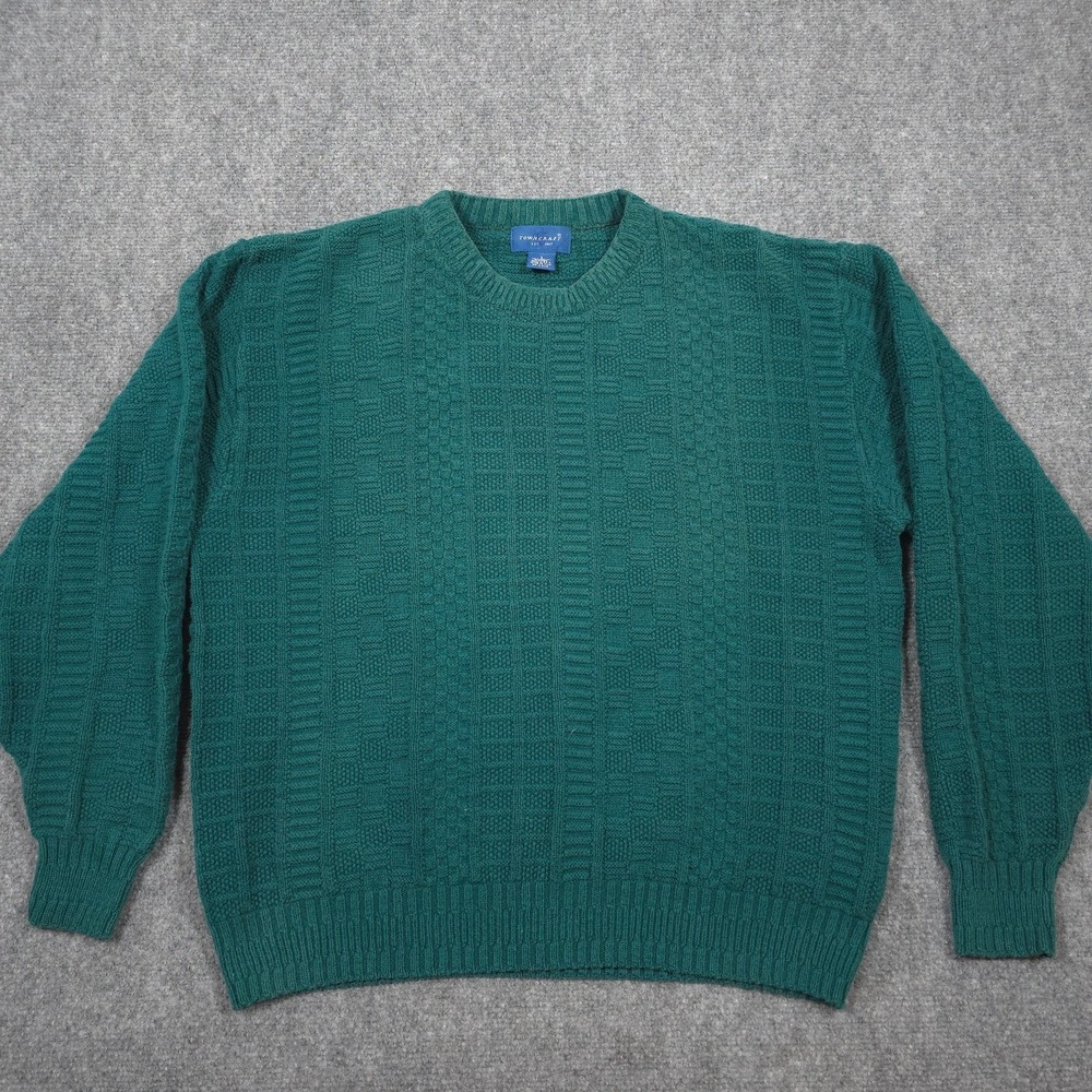 VTG Towncraft Knit Sweater Mens L Green Pullover 3D Knit 90s Made in USA